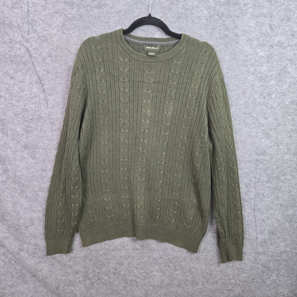 Eddie Bauer Mens Cable Knit Sweater Green 100% Cotton Crew Neck Pullover Size M